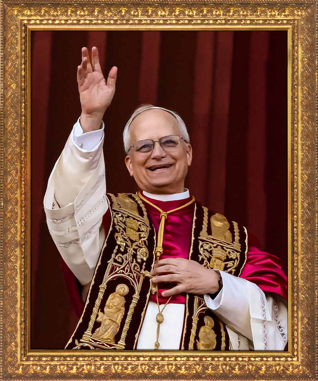 Pope Leo XIV Waving in Celebration Framed Art (8" x 10")