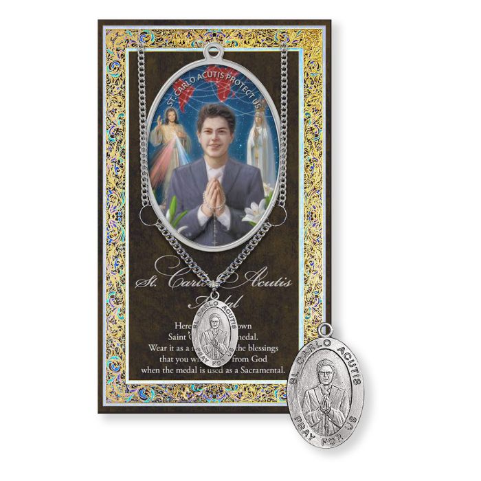 St. Carlo Acutis Genuine Pewter Medal on a 24" Chain with Biography and Picture Folder