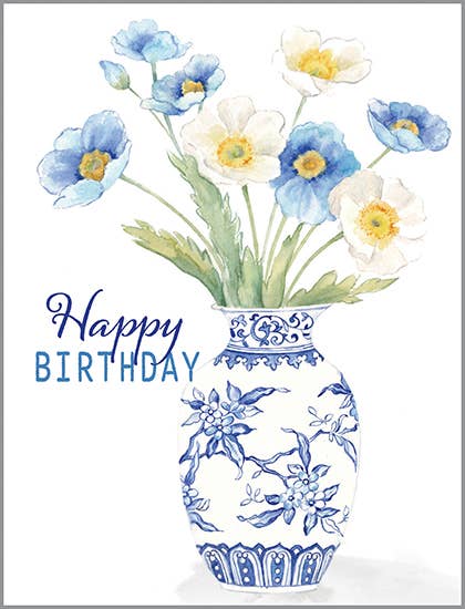 With Scripture Birthday Card - Blue Flowers in China Vase