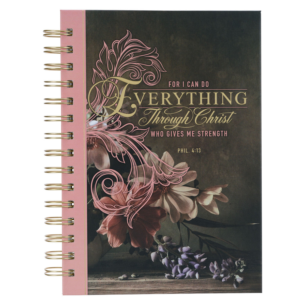 Through Christ Fluted Iris Pink and Brown Large Wirebound Journal - Philippians 4:13
