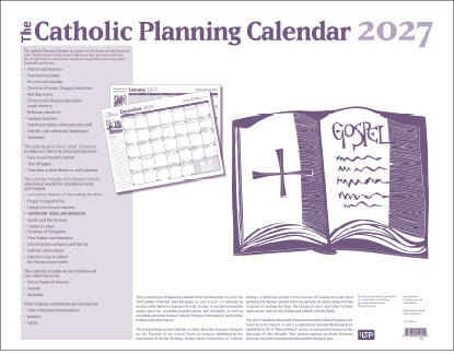 Catholic Planning Calendar 2027 with calendar layout and Gospel book illustration on a white background