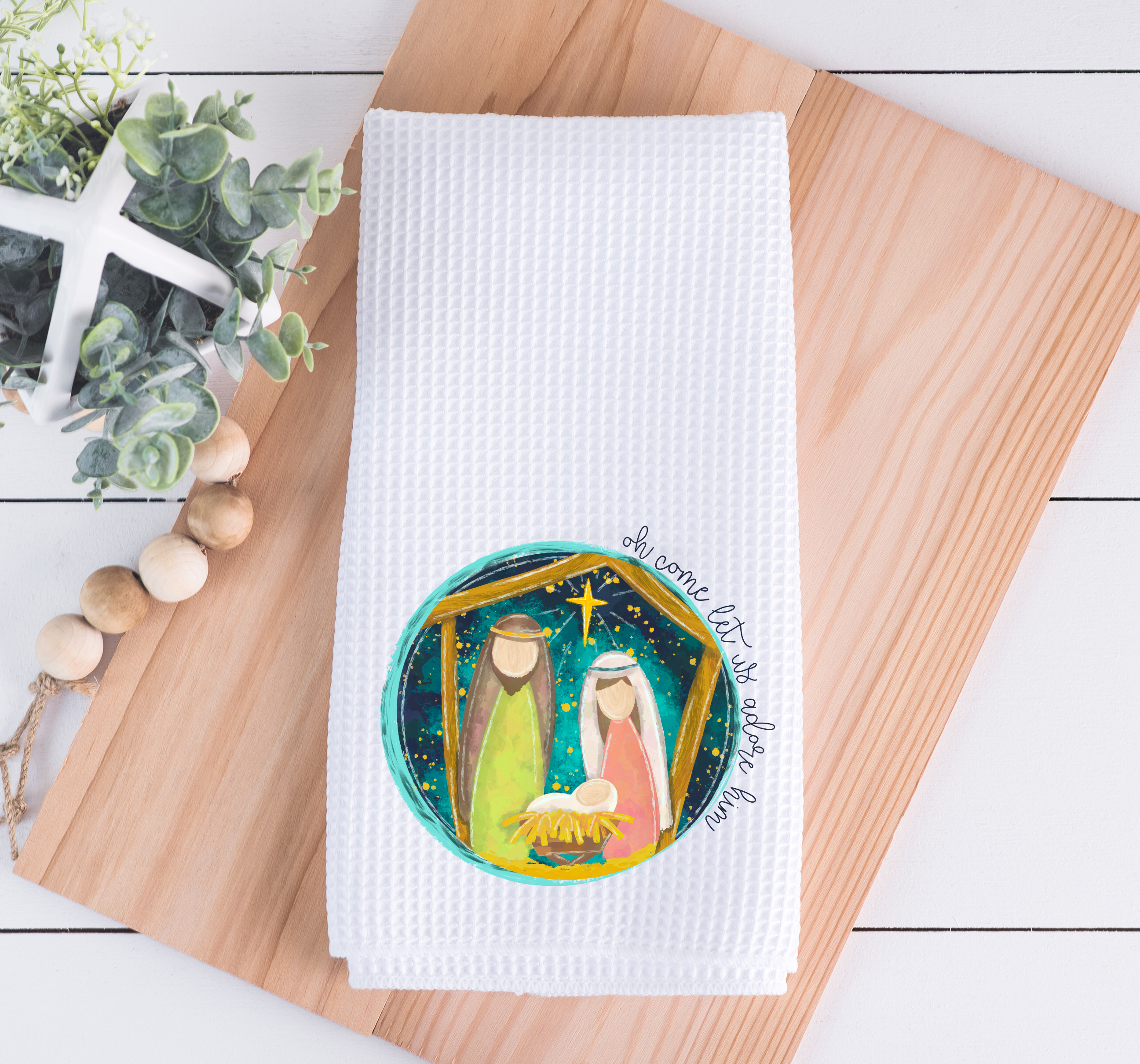 Oh Come Let Us Adore Him Manger Christmas Kitchen Towel