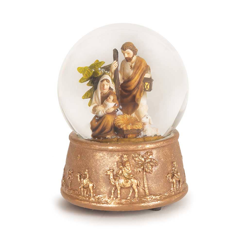 GLASS MUSICAL HOLY FAMILY WATER GLOBE WITH WISE MEN ON GOLD