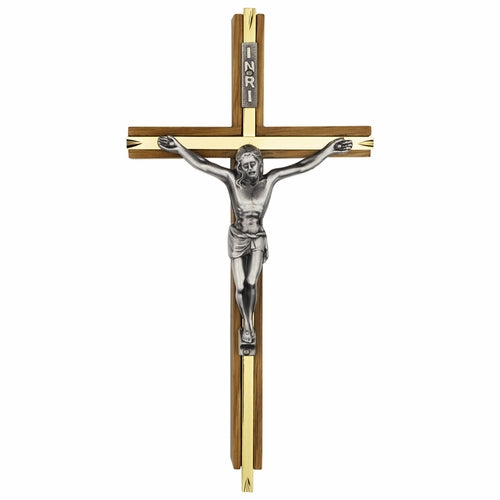 10 Inch Dark Oak Wood and Gold Plated Wall Crucifix