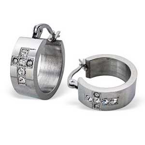 Earring Cross Steel Hoop w/Crystals