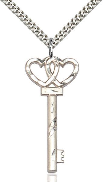 Sterling Silver KEY W/DOUBLE HEARTS Pendant