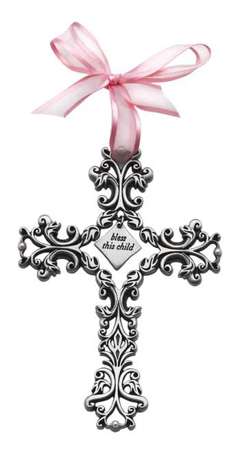 Bless This Child Filigree Cross Pink Ribbon & Pearls