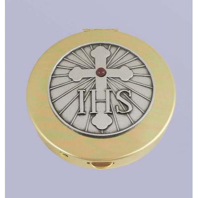 Size 2 IHS & Cross Gold Stamped Pyx/Pewter Motif/Red Stone