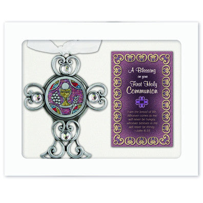 1st Communion Ornate Cross W/Token Center Gift Boxed