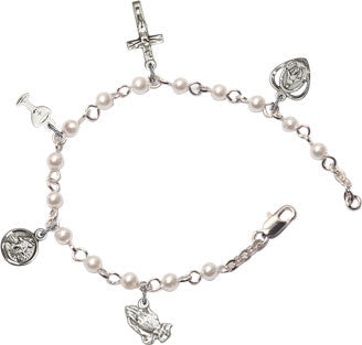 Silver Plated Pearl First Communion Rosary Bracelet