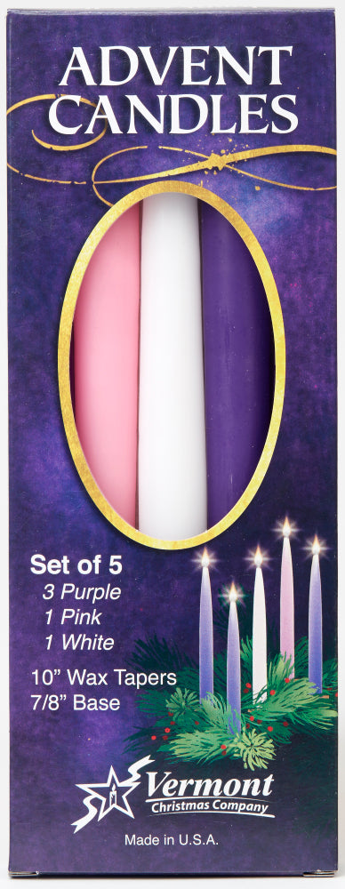 Advent Candle Set-Purple/Pink/White Tapers (10") Set of 5