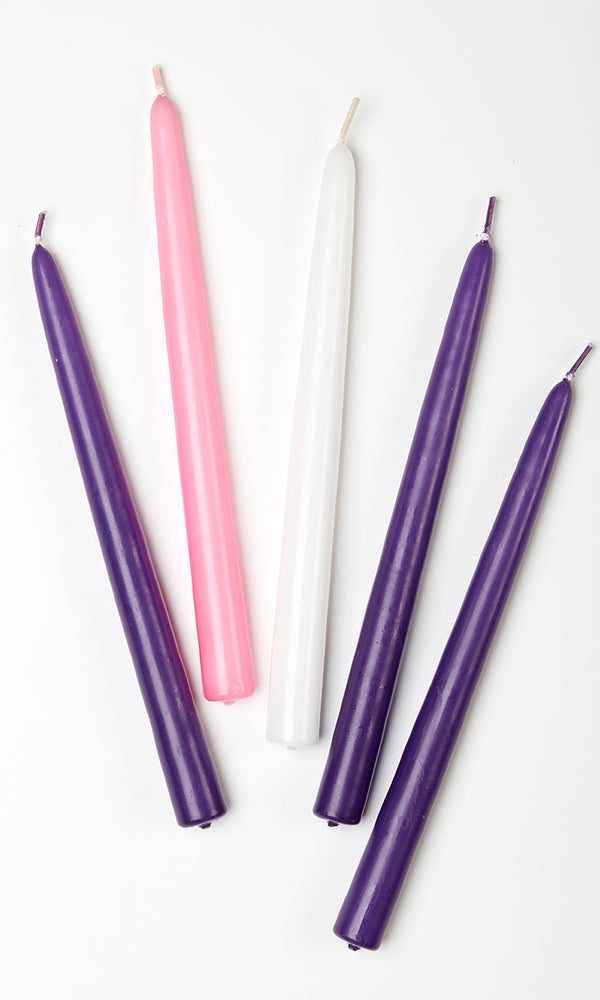 Advent Candle Set-Purple/Pink/White Tapers (10") Set of 5