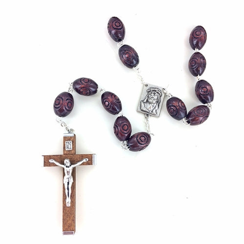Brown Oval Carved Bead Rosary