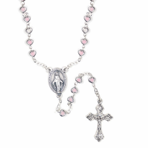 3mm Pink Silver Heart Bead Rosary