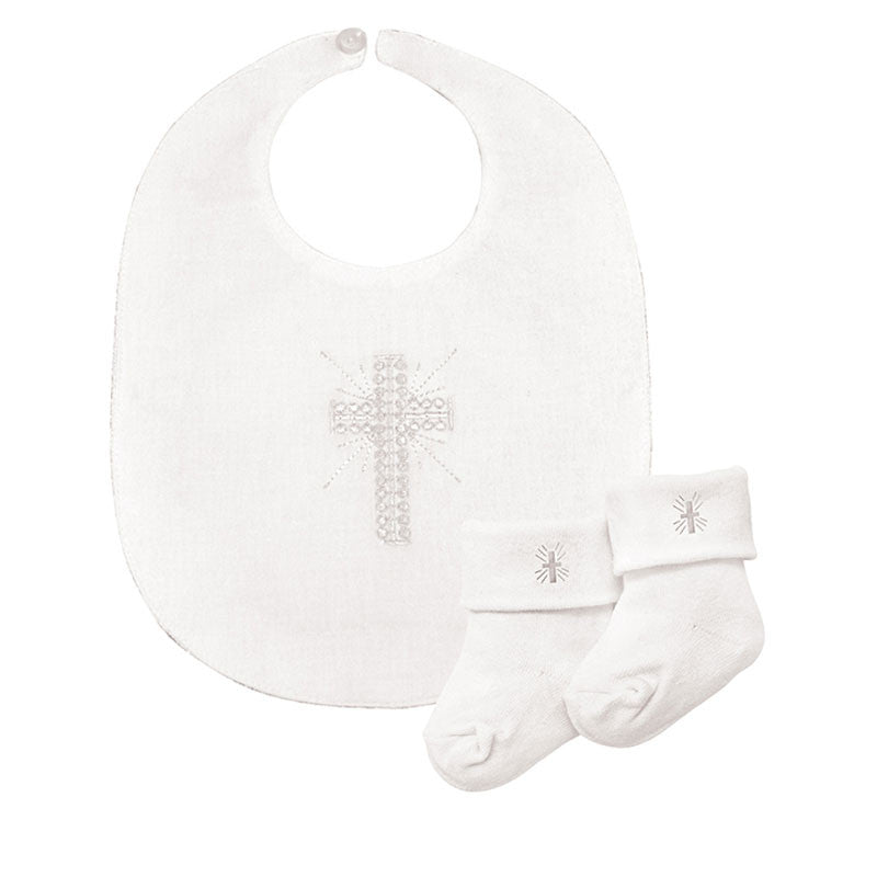 Embroidered Cross Bib & Sock Baby Set