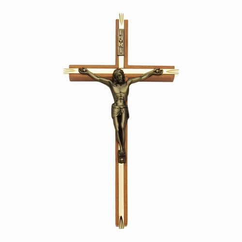 8 Inch Walnut and Brass Wall Crucifix