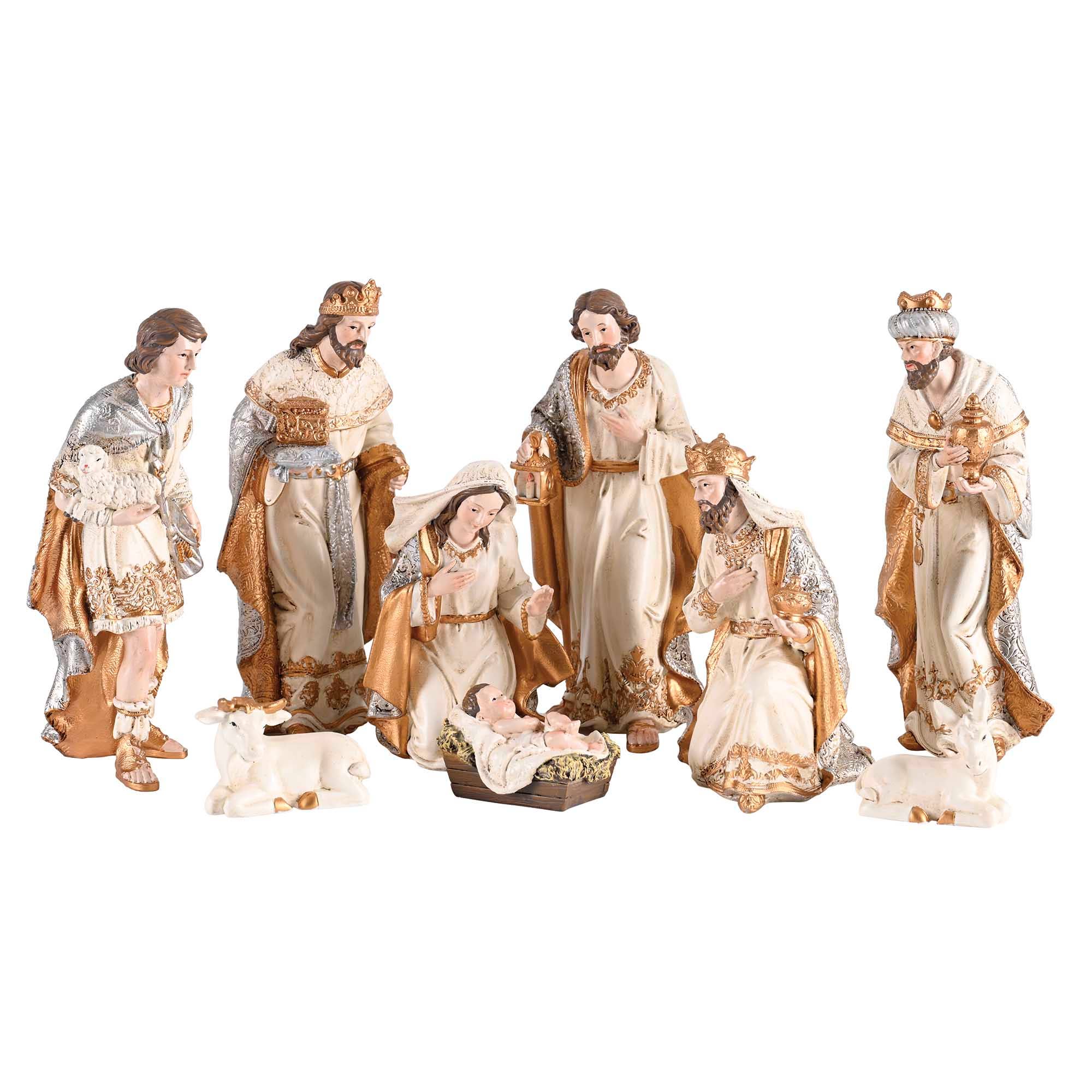 Nativity Family Wisemen Animal Gold 7.75"H