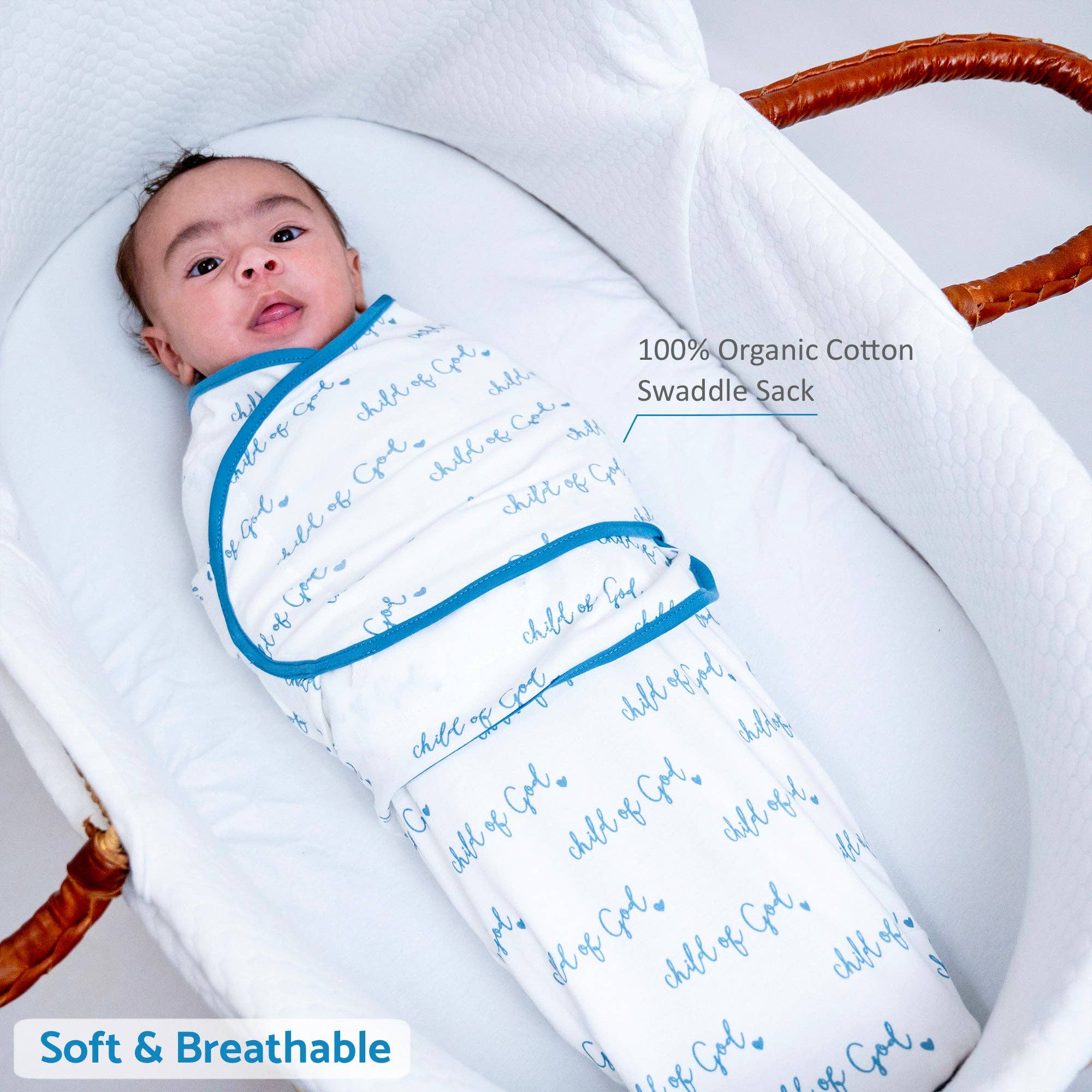 Cotton Velcro Newborn Swaddle Sack Blue Child of God