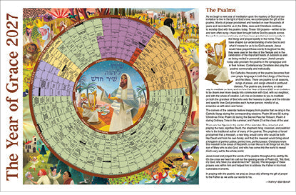 Calendar cover with religious illustration and text, featuring a colorful wheel design.