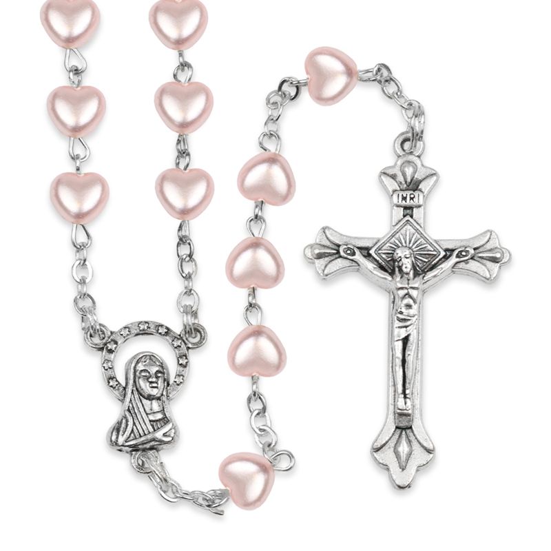 5mm Pink Heart Bead Communion Rosary with Crucifix and Madonna Center