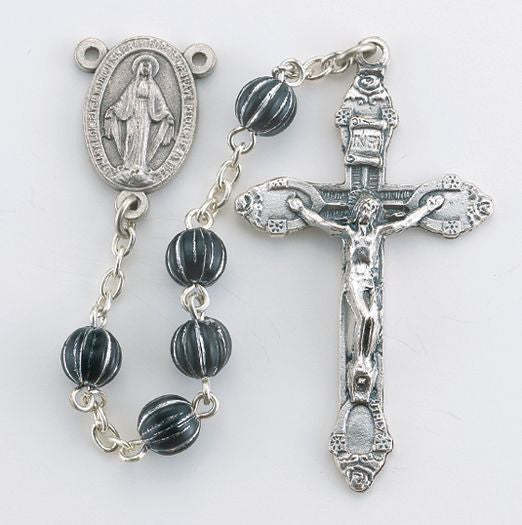 Black & Silver Engraved Bead Rosary