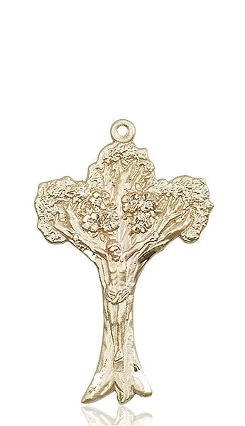 Medalla de crucifijo del árbol de la vida en oro de 14 kt