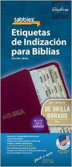 Pestaña de la Biblia católica en español: Pestaña transparente con tira dorada en el centro y letras negras
