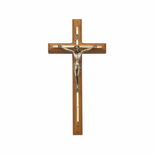 12 Inch Walnut and Engraved Brass Wall Crucifix