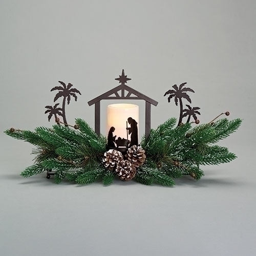 Holy Family LED Candle with Evergreen Branches