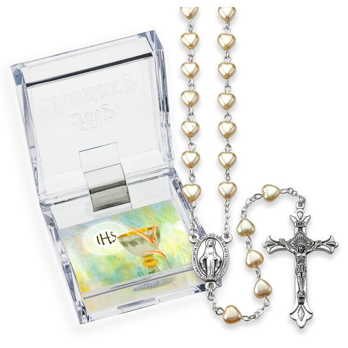 First Communion Rosary Pearl Heart Shape