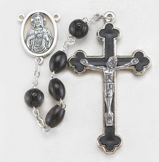 Oval Black Wood Bead Rosary