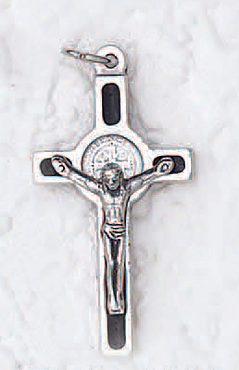 St. Benedict Silver Tone Enameled Cross - Black