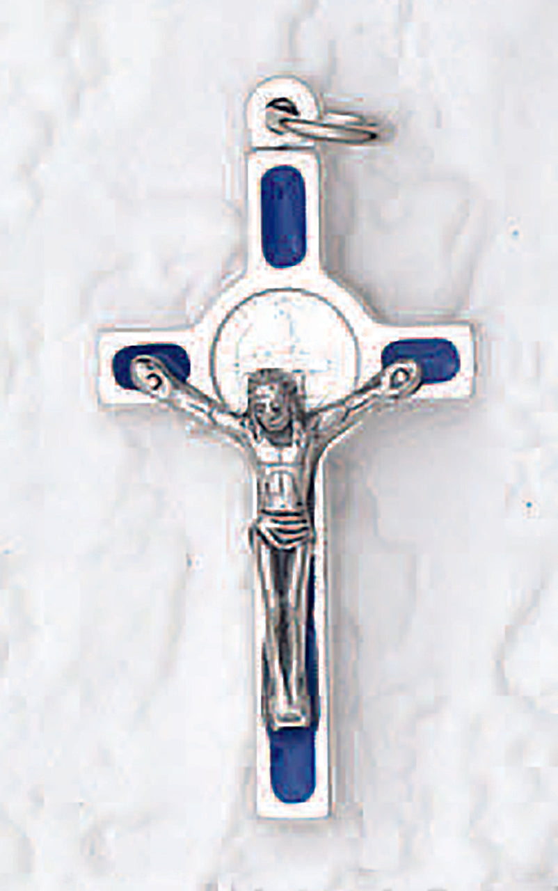 St. Benedict Silver Tone Enameled Cross - Blue