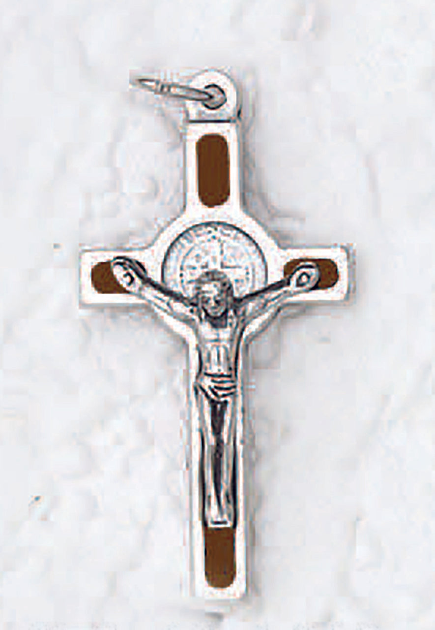 St. Benedict Silver Tone Enameled Cross - Brown
