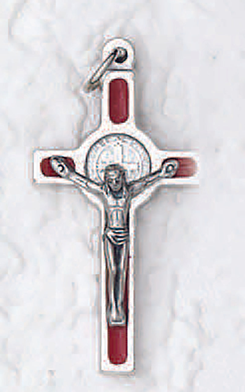 St. Benedict Silver Tone Enameled Cross - Red