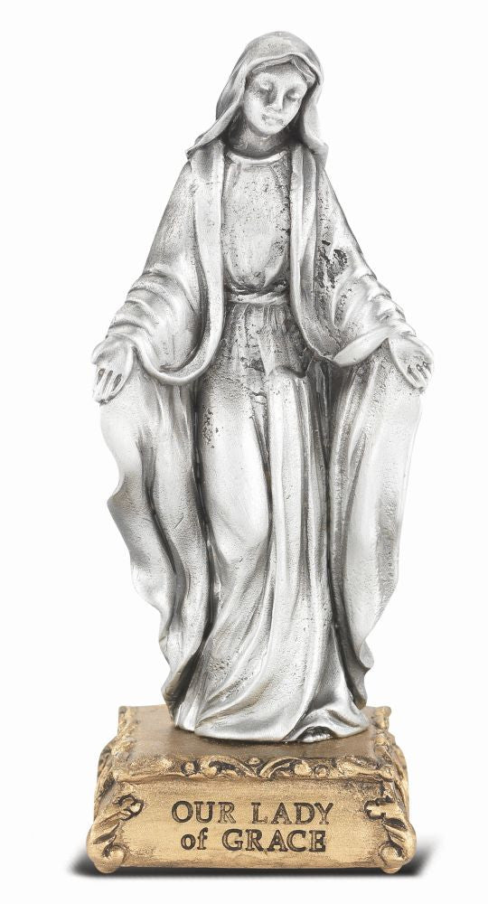 Our Lady of Grace Pewter Statue On Base 4 1/2"
