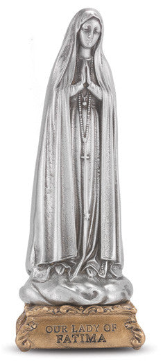 Our Lady of Fatima Pewter Statue On Base 4 1/2"