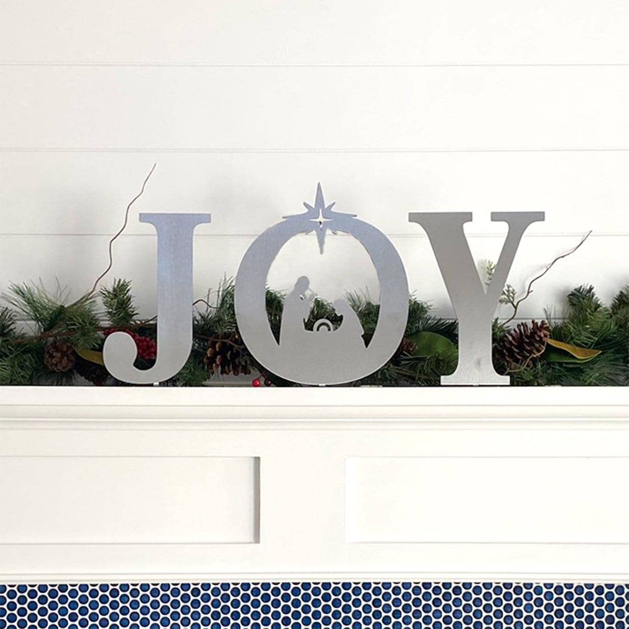 Joy Nativity - Metal Stand Up Joy Sign with Christmas Manger Scene