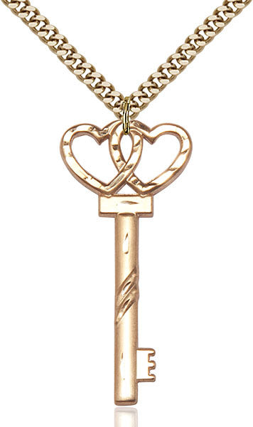 Gold Filled KEY W/DOUBLE HEARTS Pendant