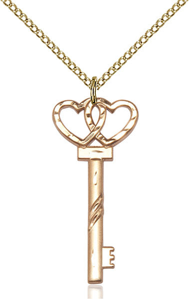 Gold Filled SMALL KEY W/DOUBLE HEARTS Pendant