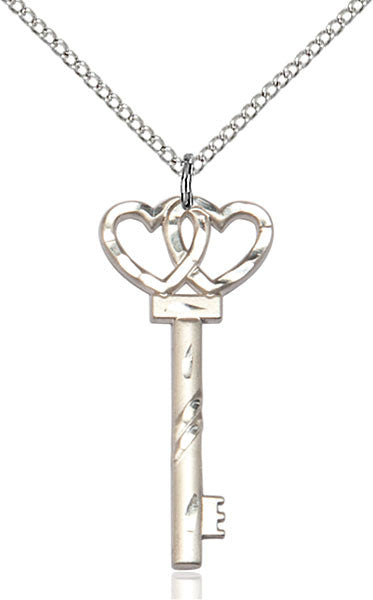 Sterling Silver SMALL KEY W/DOUBLE HEARTS Pendant