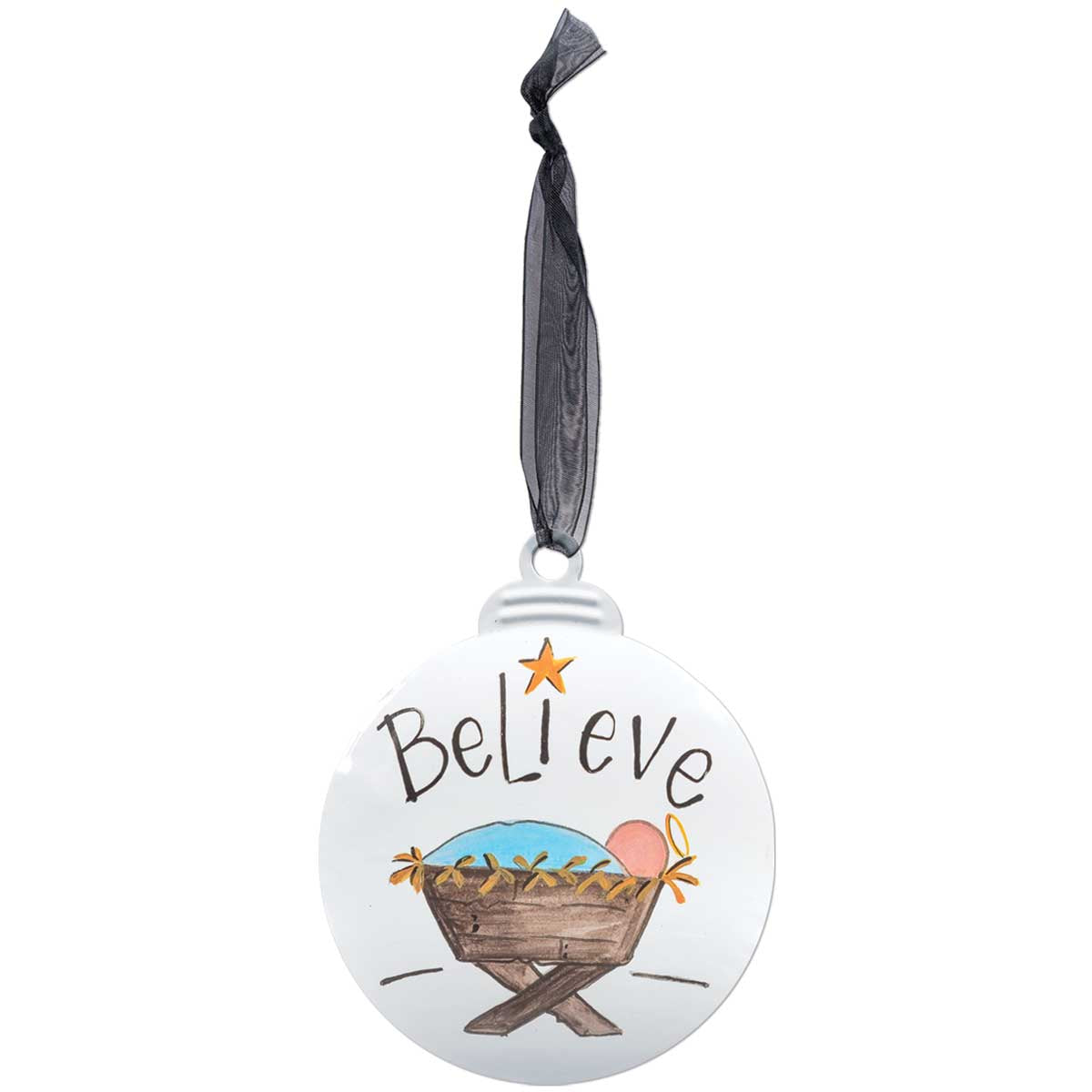 Believe with Baby Jesus Manger Scene Christmas Ornament