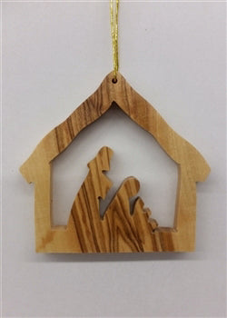 Olive Wood-Stable With Nativity Ornament
