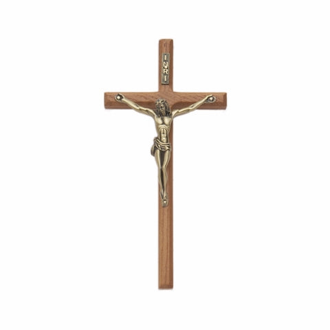 8 Inch Walnut Wall Crucifix with Antiqued Gold Pewter Corpus