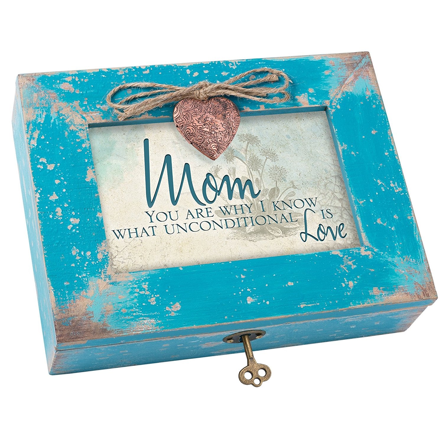Mom You are Unconditional Love Teal Wood Locket Jewelry Music Box