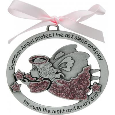 Pink Epoxy Angel Crib Medal W/Pink Ribbon