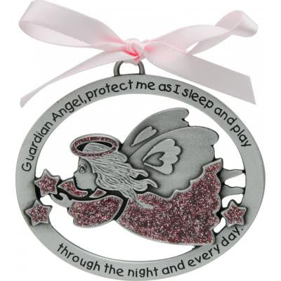 Pink Epoxy Angel Crib Medal W/Pink Ribbon