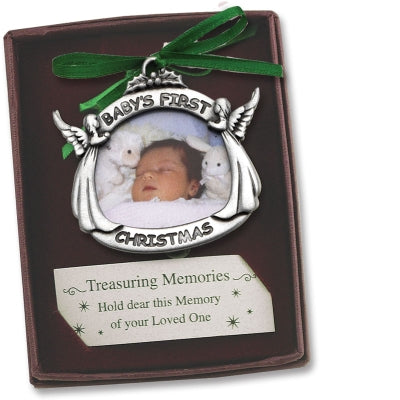 Baby's First Christmas Photo Ornament W/Green Ribbon Gift Boxed W/Card
