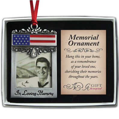 Patriotic Memorial Photo Ornament with Crystal & Red Ribbon