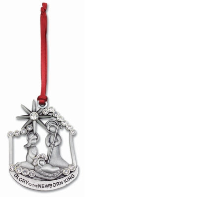 Nativity Ornament with Crystals & Red Ribbon